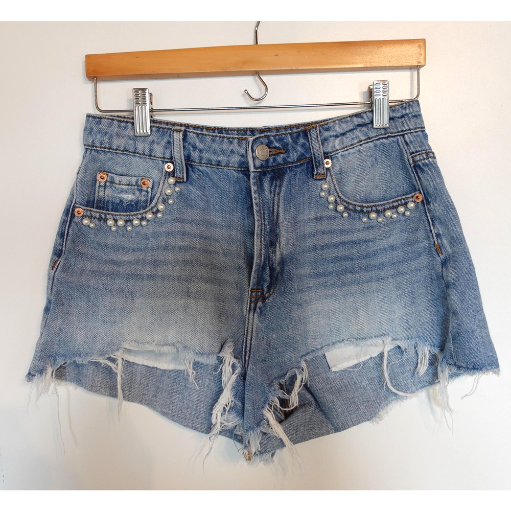Pookie & Sebastian Shorts Womens Medium Blue Denim Pearl Embellished Raw‎ Hem